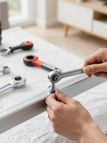 Close-up of hands using a professional torque wrench to tighten a bolt on a clean metal frame, organized tools on a protective work blanket, bright natural daylight