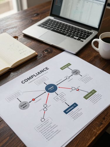 Close overhead view of a compliance roadmap spread across a dark wooden desk — printed framework pages, a single open laptop showing a spreadsheet, a ruled notebook with handwritten annotations, and a ceramic coffee mug to the right edge; warm ambient office light from the left, shallow focus on the annotated document in the foreground
