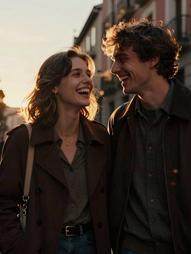 Cinematic film portrait of a young couple laughing in the streets of Madrid during golden hour, low-angle warm sun, high contrast shadows, rich dark tones, shallow depth of field