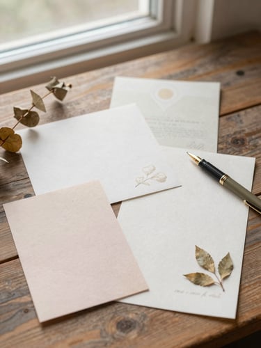 Overhead flatlay of vintage-inspired paper ephemera, dried botanical leaves, and a calligraphy pen on a rustic wooden desk, soft morning window light, warm editorial photography