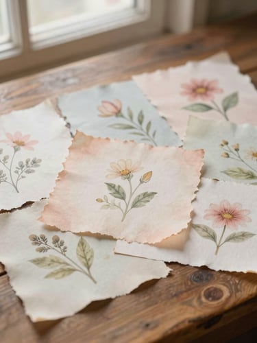Overhead flatlay of layered tea-stained paper ephemera, delicate botanical illustrations, and torn edges on a rustic wooden desk, soft morning window light, romantic pastel tones