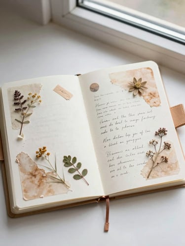 Overhead flatlay of an open junk journal with textured tea-stained pages, delicate pressed botanical elements, and handwritten notes under soft morning window light.