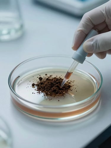 Clinical laboratory setting, cool-toned lighting, high-resolution close-up of a soil sample being analyzed in a glass petri dish, scientific precision, technical agronomy aesthetic