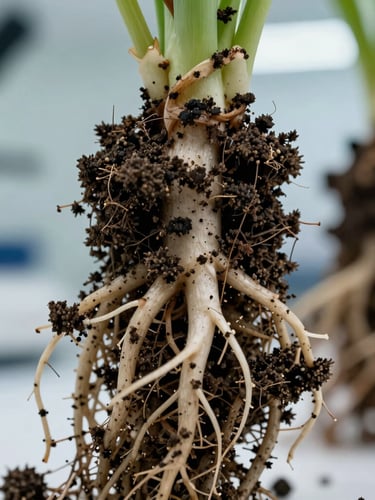 Extreme close-up macro shot of healthy crop root systems with dark soil clinging to the roots, bright clinical laboratory lighting, high contrast.