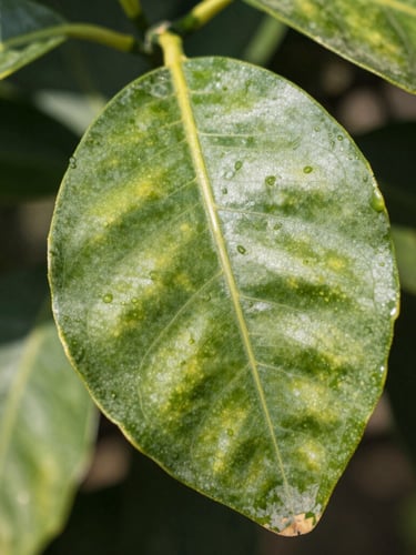 Macro shot of healthy citrus tree leaves showing zero nutrient deficiency, clean waxy cuticle, bright midday sun.