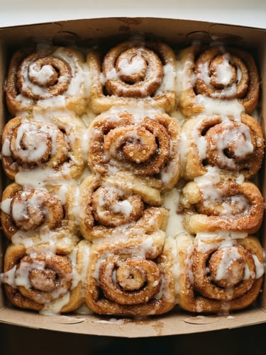 Tight overhead shot of golden-brown cinnamon rolls with dripping white glaze in a rustic cardboard box, soft morning window light, 35mm food photography.