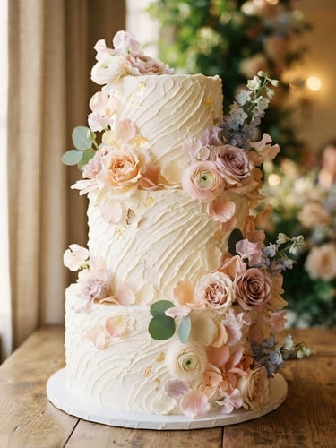 Close-up of a beautifully textured three-tier custom wedding cake with delicate white buttercream ridges, decorated with soft pastel edible petals, warm morning window light, soft shadows, 35mm photography