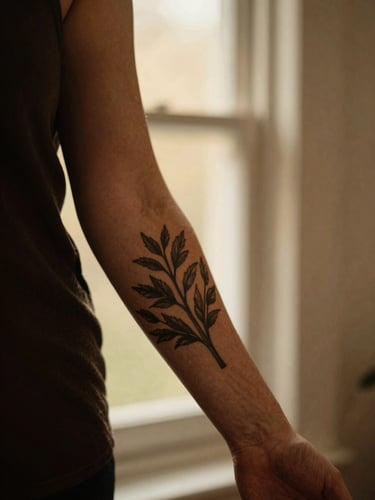 Portrait aspect shot of a client's arm, showcasing a beautifully healed botanical tattoo, soft window light, shallow depth of field, natural studio environment.