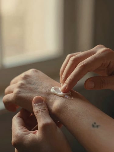 Close-up of hands gently applying a natural, unscented ointment to a freshly tattooed forearm, soft golden-hour window light, shallow depth of field, rich earthy tones, 35mm film.