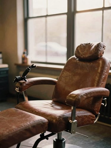 Warm, sunlit interior of a modern tattoo studio, focusing on a clean, comfortable client chair and soft, diffused window light, rich earthy tones, shallow depth of field, 35mm film.
