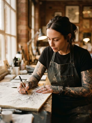 Candid portrait of a lead tattoo artist with intricate tattoos on their arms, focused on sketching a design on paper, soft golden-hour light illuminating their hands and the studio interior, shallow depth of field, 35mm film.