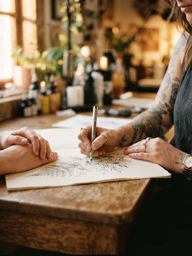 Cinematic portrait of a tattoo artist's hands sketching a custom design on paper, client's hands gently resting nearby, soft golden-hour window light, rich earthy tones, shallow depth of field, 35mm film.