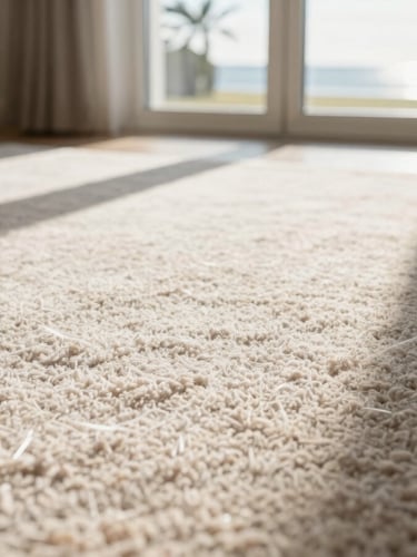 Close‑up of clean carpet fibres lit by sunlight through glass doors.