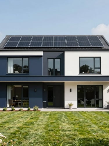 Bright daylight-filled modern UK residential home with sleek black solar panels installed on the roof, clean architectural lines, manicured green lawn, 50mm lens editorial photography