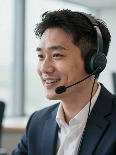 Close-up of a professional UK agent with a modern headset, speaking naturally and smiling, bright natural office daylight, 50mm lens.