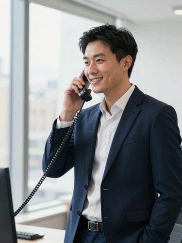 Over-the-shoulder shot of a professional UK broker in a bright London office, holding a phone receiver, smiling naturally, deep navy tones, bright natural daylight, 50mm lens