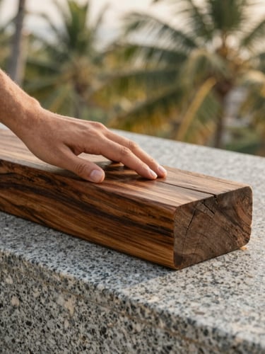 Close-up of premium natural materials, a hand touching a weathered teak wood block placed next to local grey granite stone, soft tropical light.