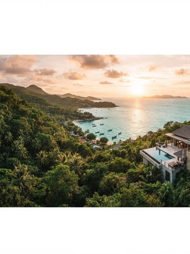 Wide panoramic shot of pristine Koh Samui hillside jungle overlooking the turquoise ocean at golden hour, rich green foliage, negative space on the left, medium format film style.