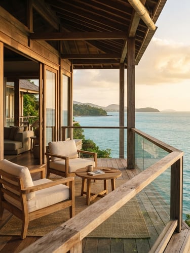 A bright, warm environmental shot of a luxurious teak villa balcony overlooking a calm turquoise ocean at golden hour, minimalist furniture, soft shadows.