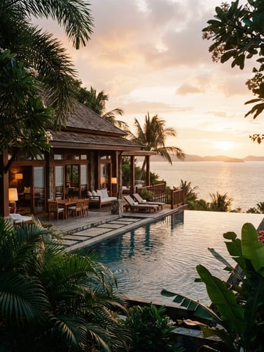 Teak-framed architectural villa with an infinity pool overlooking the Gulf of Thailand at golden hour, lush tropical palms framing the frame, medium format film style.