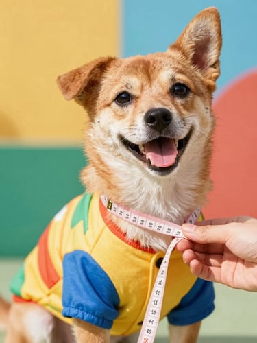 A vibrant close-up of a happy small dog wearing a colorful custom-tailored shirt, a hand gently holding a soft measuring tape around its chest, warm daylight, 50mm lens.