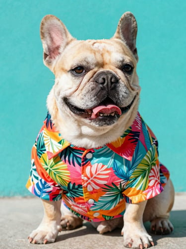 A happy French Bulldog wearing a colorful, custom-tailored tropical print shirt, sitting proudly in bright natural daylight, vibrant teal backdrop, 50mm lens