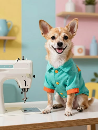 A happy small dog wearing a colorful custom-tailored teal shirt, sitting proudly next to a vintage sewing machine in a bright, sunlit workshop.