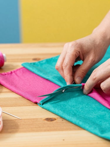 Close-up of hands carefully cutting colorful teal and magenta cotton fabric on a wooden table, sewing needles and soft measuring tape nearby, warm daylight.