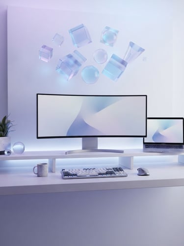 Sleek modern digital workspace setup, soft lavender and blue pastel lighting, translucent glassmorphic geometric shapes floating, clean white background