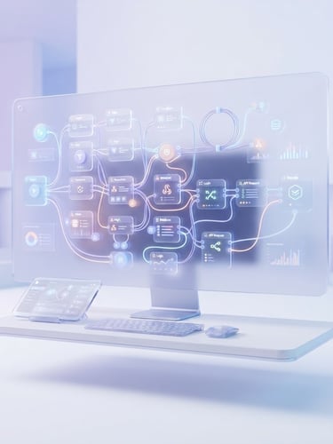 Sleek modern digital workspace, translucent glassmorphic screens showing node-based automation flows, soft lavender and blue gradient light, clean white background, high-end tech aesthetic