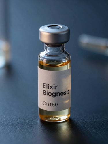Macro product photography of a sleek glass vial with a minimalist Elixir BioGenesis label on a dark navy clinical surface, cool blue backlighting with warm gold highlights, macro lens, hyper-realistic, 8k