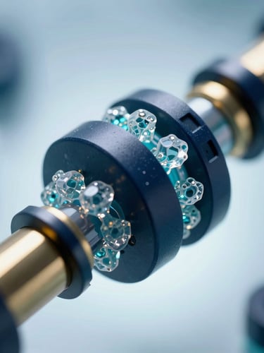 Ultra-close macro photography of crystalline peptide structures inside a high-tech laboratory, clinical cool studio lighting with dramatic cyan and white backlighting, shallow depth of field, 8k