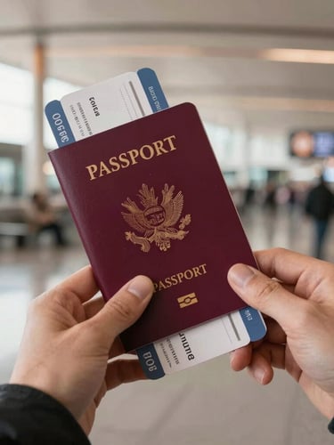 Close-up of a traveler holding a passport with boarding passes, soft warm morning light, airport terminal interior blurred in background