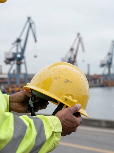 Close-up of a worker's hands in high-vis gear holding a protective helmet, Quequén port cranes blurred in the background, overcast coastal daylight.