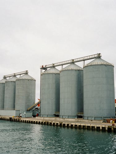 Medium-wide environmental shot of the Quequén port with grain silos and cargo ships under overcast coastal daylight, 35mm film style