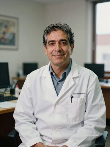 Professional and warm portrait of Dr. Guillermo Carrizo in his office, natural light, 35mm film style