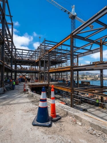 Wide panoramic view of a coastal construction site, structural steel framing against a bright blue sky, clear daylight, high contrast. Focus on the robust framework, with a deep navy and orange safety cone in the foreground.