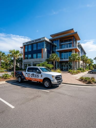 Wide panoramic shot of a branded DEES ENGINEERING SERVICES INC truck parked in front of a modern, well-maintained office building in Gulf Shores, Alabama, under bright, clear daylight. The truck is slightly off-center to the left, office building in the background, high contrast, deep navy and orange tones.