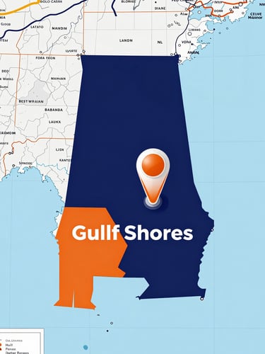 Detailed map highlighting the Gulf Coast region, specifically Alabama, Florida, and Mississippi, with a clear pin or marker for Gulf Shores, Alabama. The map uses a clean, technical blueprint aesthetic with navy and orange accents.