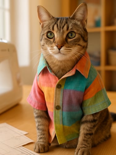 A beautiful domestic cat wearing a custom-fit colorful linen shirt, sitting comfortably next to sewing patterns in a bright Celaya studio