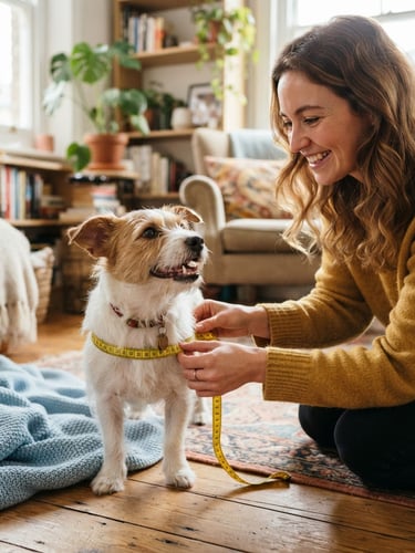 A happy small dog being gently measured with a soft yellow tape measure by a smiling owner, warm natural daylight, cozy home background