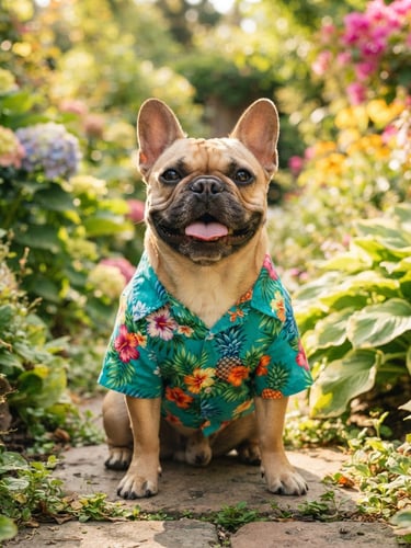Eye-level portrait of a happy French Bulldog wearing a vibrant teal tropical shirt, sitting in a sunny garden, warm natural daylight, shallow depth of field