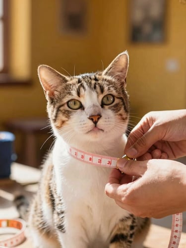 Tailor's hands gently measuring a calm, happy cat with a soft measuring tape in a sunlit Celaya workshop, warm tones.