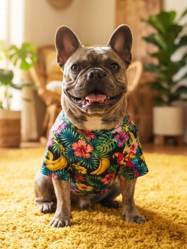 A happy French Bulldog wearing a vibrant, custom-fit tropical print shirt, sitting on a bright yellow rug, warm natural daylight, eye-level pet portraiture.