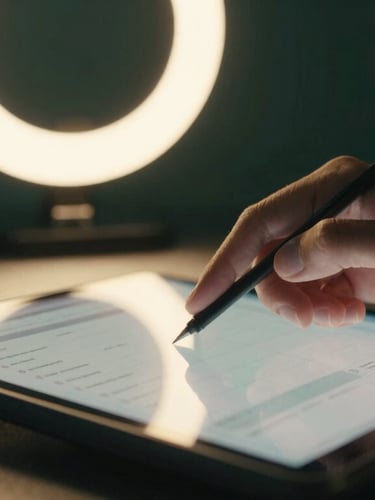 Close-up of a creator's hands planning a digital schedule on a high-end tablet, warm ring-light reflecting off the screen, moody studio background, 35mm