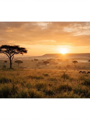 Wide-angle panoramic view of the Maasai Mara savannah at sunrise, flat-topped acacia trees silhouetted against a golden-orange sky, soft morning mist rising.