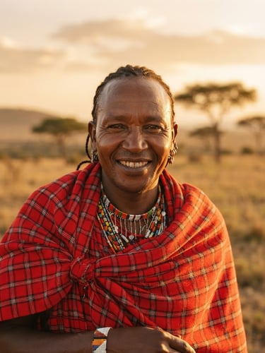 A close-up portrait of a Maasai guide in traditional red clothing, smiling warmly, golden hour light, soft focus savanna background with acacia trees.