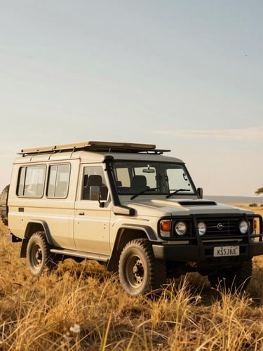 A custom-retrofitted luxury open-sided 4x4 safari vehicle parked in the golden grass of the Maasai Mara, dramatic low-angle sunlight, dust motes in the air.