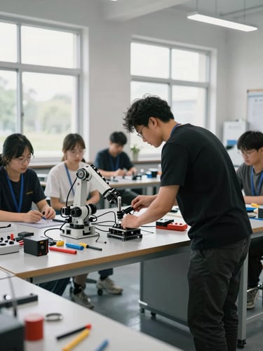Wide workshop room shot from the back, instructor leaning over a workbench demonstrating a robotics assembly to a small group, tools and components visible on the table, hard daylight from side windows