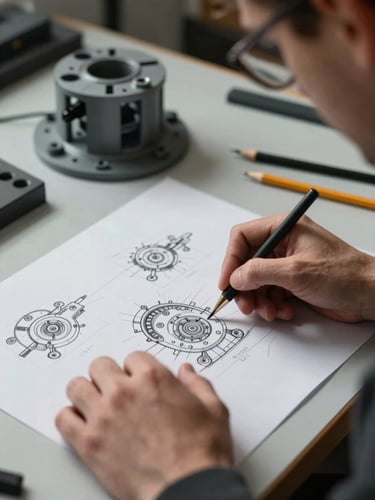 Close-up of a man's hands sketching mechanical diagrams on drafting paper at a workbench, a 3D-printed prototype visible in the background, hard studio light casting sharp shadows across the paper surface, tools and pencils nearby